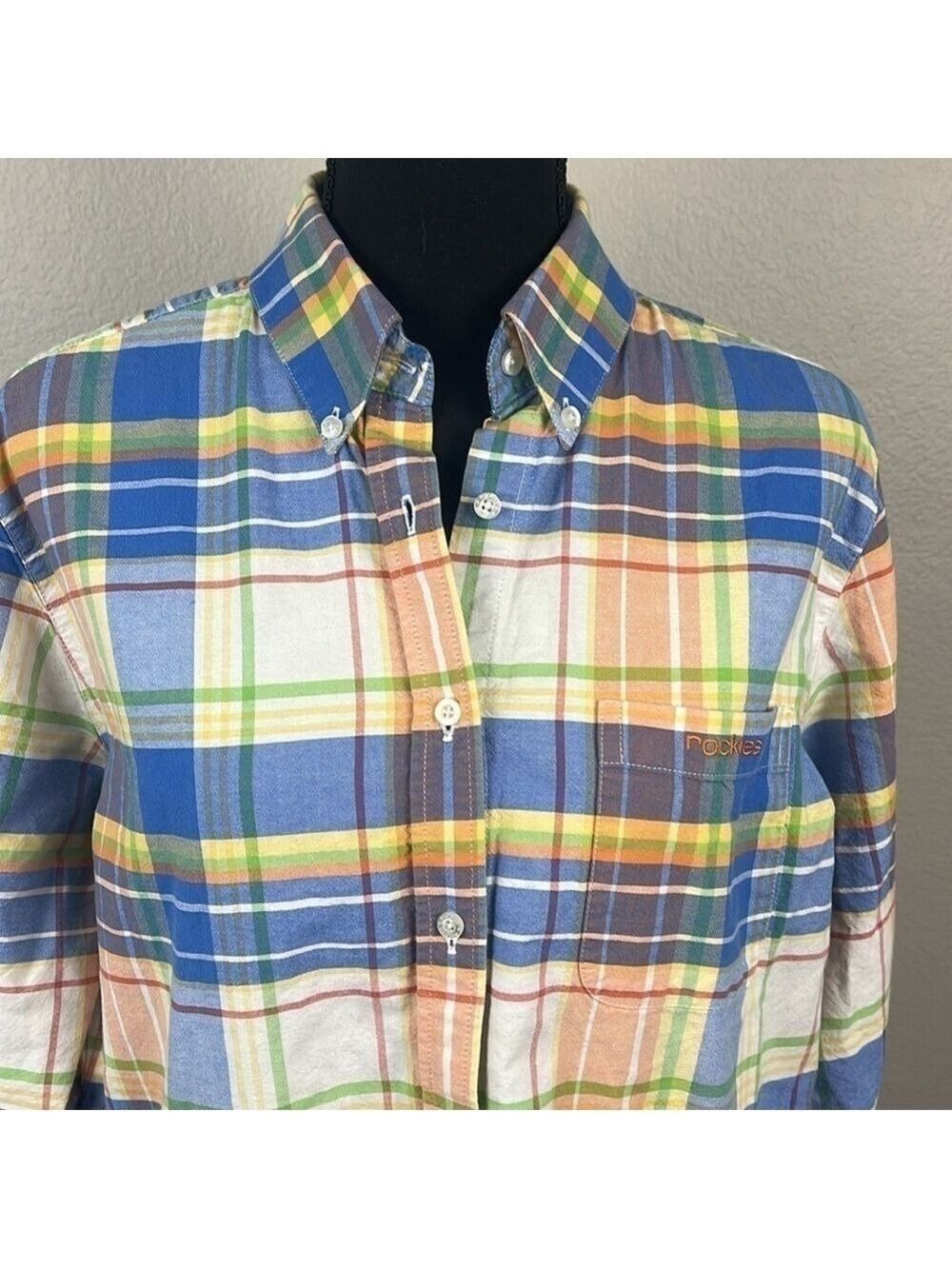 Rockies Cotton Shirt Button-Down Yellow/Blue Plaid Long Sleeve Rounded Hem Top - Picture 3 of 12
